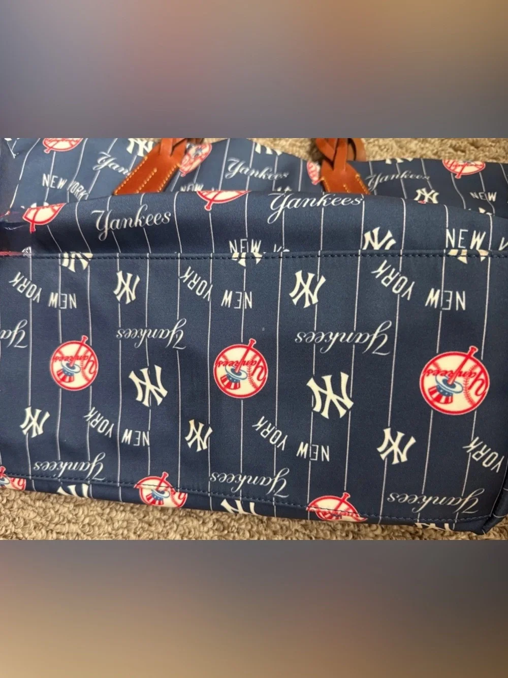 Dooney & Bourke New York Yankees Navy Tote Bag with Brown Leather Handles.